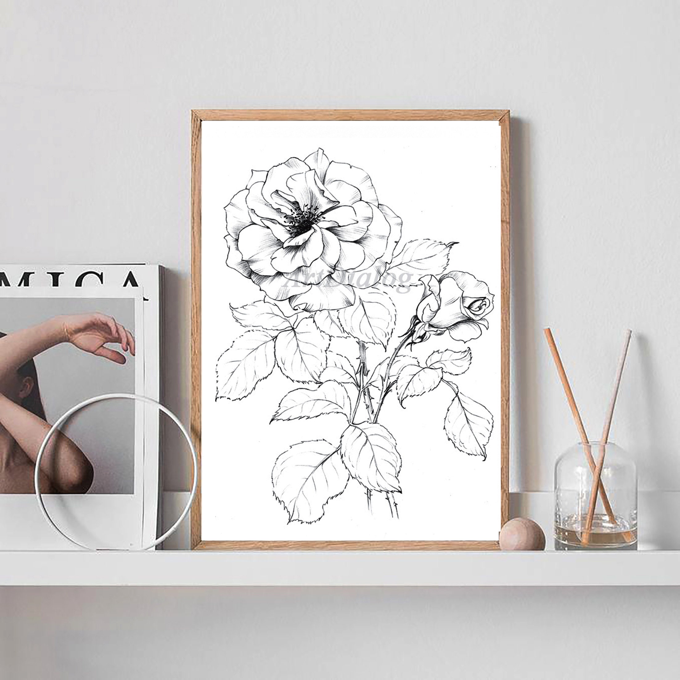 Set of 2 Designer Girl Teen Wall Art. Woman Sketch Looking at Roses and  Personalised Initial Print With Matching Roses. Girls Bedroom Art 