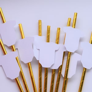 White and Gold Romper Straws, White and Gold Baby Shower Decorations, Gender Neutral Baby Shower Decorations, Gender Reveal Straw Decoration