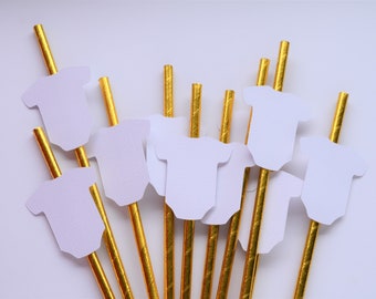 White and Gold Romper Straws, White and Gold Baby Shower Decorations, Gender Neutral Baby Shower Decorations, Gender Reveal Straw Decoration