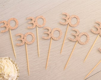 Toppers de cupcakes de 30 cumpleaños de oro rosa, 30 decoraciones de cumpleaños, decoraciones de fiesta de cumpleaños número 30, decoraciones de treinta cumpleaños, 30 cupcakes