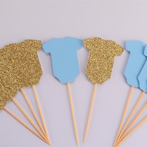 Blauwe en gouden babyshower cupcake toppers, blauwe en gouden babyshower decoraties, jongens babyshower decoraties, blauwe babyshower decoraties