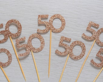 Toppers de cupcakes de cumpleaños número 50, decoraciones de fiesta de cumpleaños número 50, decoraciones de cumpleaños de hitos, decoraciones de cumpleaños número 50 de oro rosa, cincuenta