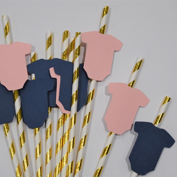 Navy and Blush Romper Straws, Navy and Pink Gender Reveal Decorations, Pink and Navy Baby Shower Decorations, Gender Reveal Straw Decoration