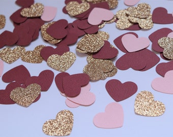 Borgoña, Blush rosa y rosa oro corazón confeti, Borgoña y rosa ducha nupcial, decoraciones de fiesta de compromiso, decoraciones de ducha nupcial