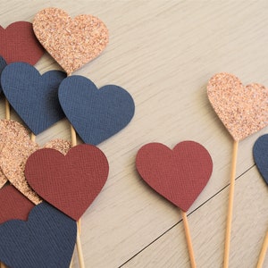 Burgundy, Navy and Rose Gold Heart Toppers, Engagement Party Decorations, Bridal Shower Party Decorations, Burgundy, Navy and Rose Party