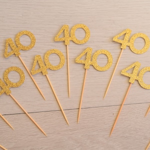 Toppers de cupcakes de cumpleaños número 40 de oro, decoraciones de fiesta de cumpleaños número 40, decoraciones de cumpleaños de hitos, decoraciones de cumpleaños número 40 de oro