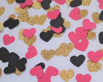 Caliente rosa, negro y oro corazón confeti, gallinas decoraciones de fiesta, decoraciones de fiesta de compromiso, decoraciones de despedida de soltera, negro rosa