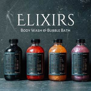 May include: Four bottles of body wash and bubble bath are displayed against a dark background. The bottles are filled with colorful liquids and have black labels with gold text. The text "ELIXIRS" and "Body Wash & Bubble Bath" are at the top.