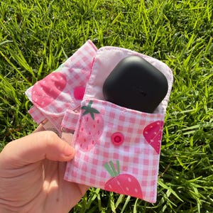 Strawberry Quilted earphone pouches - small quilted snap button pouch with clip - coin, tampons, money, earphone keychain holder