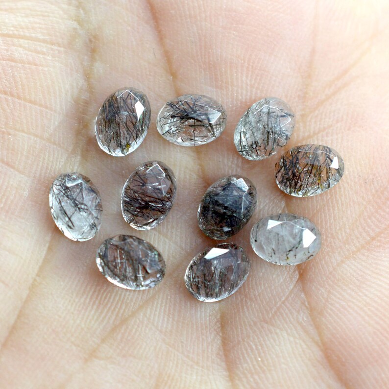 multi quantity 5 pcs 10 pcs 15 pcs 20 pcs Black Rutile Oval Shape Rose Cut Faceted Cabs Natural Gems For Making Jewelry 6x8 mm Size