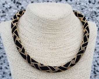 Black Necklace - Bead crochet Necklace - Women Jewellery - Collar - Seed bead Rope - Beaded Gold Necklace - Gift for her - Women accessory