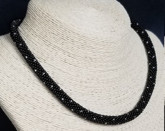 Black Necklace - Collar - Seed bead Necklace - Bead crochet Rope - Beaded Dots Necklace - Statement Rope - Women Jewelry - Rope Necklace