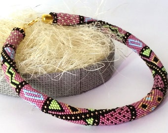 Crochet Rope Purple Handmade Jewelry Bead crochet Necklace Gift for her Women Jewellery Multicolor - Beadwork - Seed bead - Collar