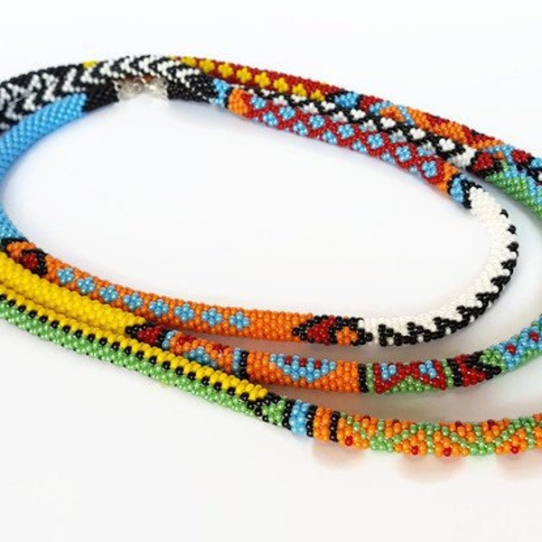 Long Necklace - Beads crochet Lariat -  Women Jewelry - Seed bead Rope - Gift - Jewellery - African stripe - Beadwork - Wrap Necklace