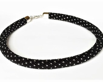 Seed beads silver dots crochet Necklace, glow in dark Necklace, beaded rope, statement Necklace, Black White Necklace, Rope, Collar, Jewelry