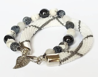 Double Bracelet - White Beaded Bracelet - bead crochet bracelet - crochet Bangles - Seed bead bracelet - Jewellery  - statement bracelet