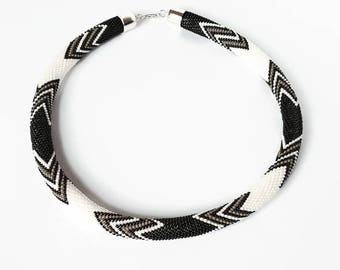 Black White Necklace -  Women Jewelry  - Rope - Gift - Handmade Jewellery - Beads crochet Necklace - Necklace - Beadwork - Women accessory
