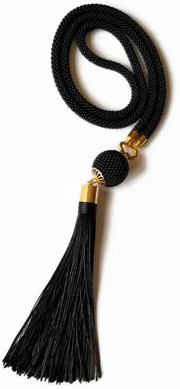 Black Y Necklace Seed Bead Lariat Long Necklace Silk - Etsy