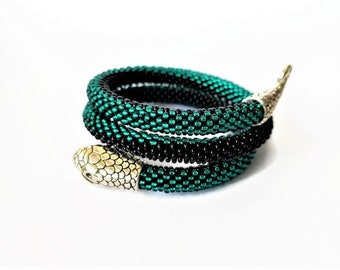 Snake bracelet - Seed bead - Bead crochet bracelet - Wrap bracelet - Snake pattern - Beaded bangle - Crochet rope - Women Jewelry - Green
