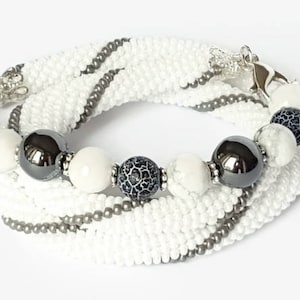 White Bracelet - Beaded Bracelet - Wrap bracelet - crochet Bracelet - Handmade - Gift for her - Jewellery  - statement bracelet - collar