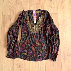 Desigual size S 36 boho shirt blouse top abstract multicolor metal gold sequins long sleeve folk