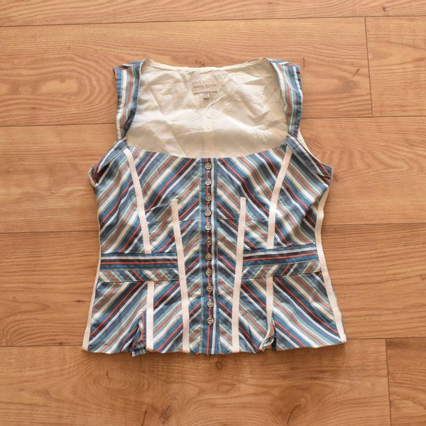 Karen Millen US 8 UK 12 EUR 40 M/L womens summer vest striped sleeveless blue shirt