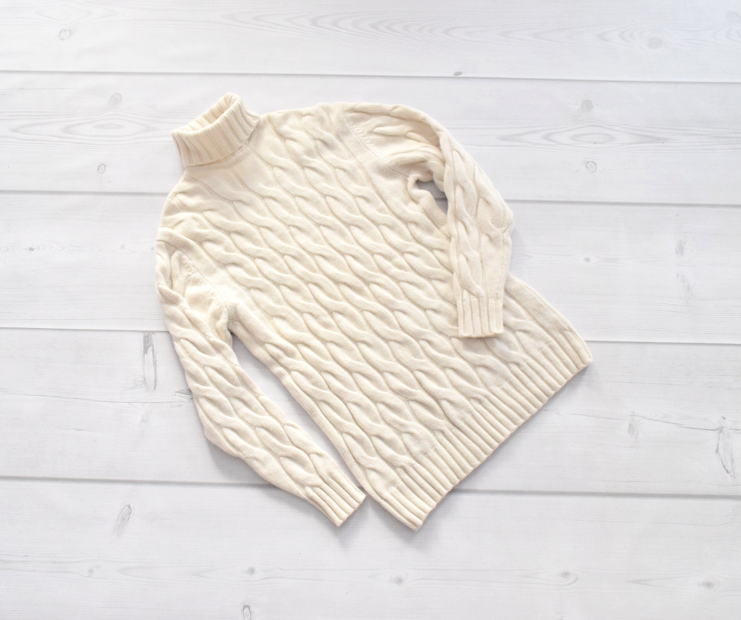 Alan Paine England lkNEW 46" M / L womens 100% geelong lambswool luxury fitted soft cable knit long turtle neck jumper sweater beige cream