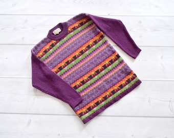 Howers for In Town L/XL 40/42 100% shetland wool vintage ladies long jumper sweater pullover crew neck purple multicolor orange green