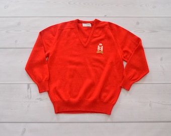 Pringle Sports XL 46&quot; 100% wool made in Scottland vivid red soft vintage sweater jumper deep v neck embroidery