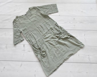 UNISONO made in Italy XL 2XL 42/44 comfortable tunic dress pockets green linen boho hippie short sleeve