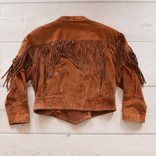 SAKI size M / L leather fringed jacket shops ranch cowboy brown long sleeve vintage
