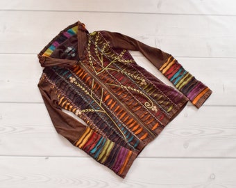 RARE unique en son genre Agan Traders S / M fabriqué au Népal veste à capuche zippée faite main au Népal marron brodé floral vert orange violet