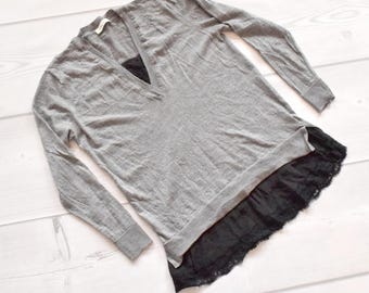 Sandro PARIS 38 / 40 M / L wool and silk pullover jumper sweater v neck lace long sleeve grey black