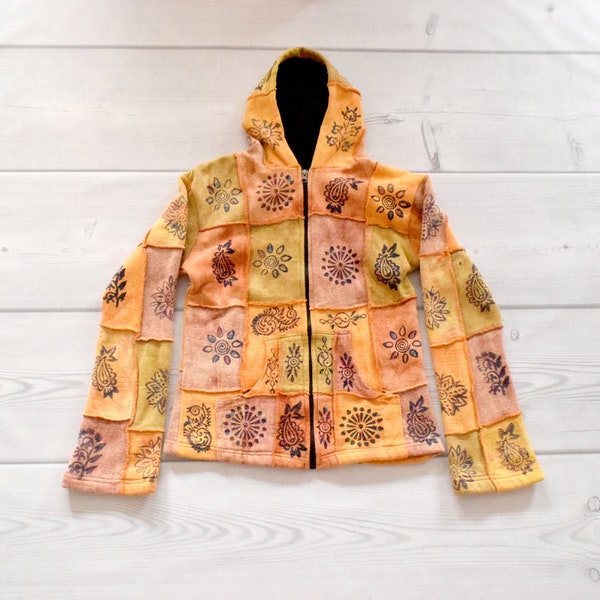 RARE Modas Bagdad L (attuale S) realizzato in Nepal giacca con cappuccio dipinta a mano nepalese da donna spessa caldo arancione giallo orientale asiatico