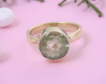 Green Amethyst Ring-Quartz Ring-925 Sterling Silver Ring-Round Cut Ring-Amethyst Quartz Ring-Prong Ring-Ring for Women-Green stone Ring-Ring