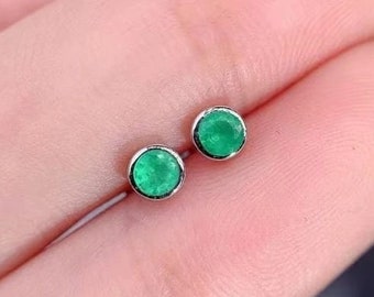 Emerald Earrings, 925 Sterling Silver, Emerald Stud Earrings, Emerald Silver Earrings, Luxury Earrings, Round Emerald Earrings, Earrings