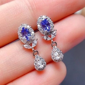 Natural Tanzanite Drop Earrings,925 Sterling Silver Earrings,Tanzanite Earrings,Luxury Earrings,Oval Drop Earrings,Zircon Drop Earrings,