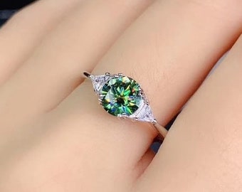 Green Moissanite Ring,925 Sterling Silver,1 Cr.Moissanite Ring,Engagement Ring,Wedding Ring,Luxury Ring,Round Moissanite Ring,Gift for Women