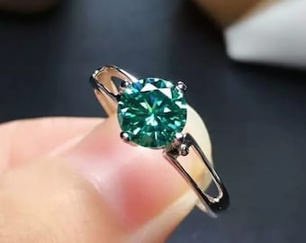 Green Moissanite Ring, 925 Sterling Silver, 1 & 2 Cr.Moissanite Ring, Engagement Ring, Wedding Ring, Round Moissanite Ring, Gift for Women