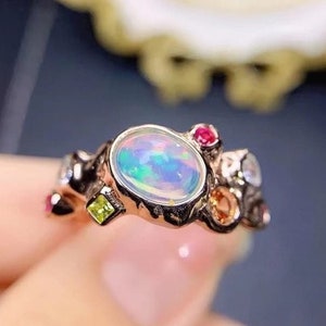 Natural Opal Ring, Sterling Silver Ring, Opal Gemstone Ring, Statement Ring, Opal Silver Ring, Engegement Ring, Oval Ring, Multistone Ring,