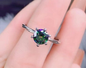Green Moissanite Ring, 925 Sterling Silver, 1 Cr. Moissanite Ring, Engagement Ring, Wedding Ring, Round Moissanite Ring, Gift for Her, Rings