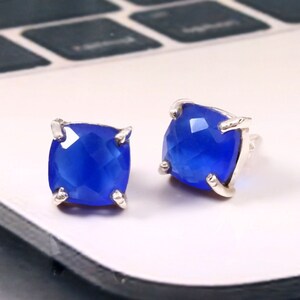 Blue Chalcedony Stud Earring, Cushion Chalcedony Earrings, Blue Gemstone Earrings, Silver Studs, Silver Earrings, Gift for Girlfriend, Studs