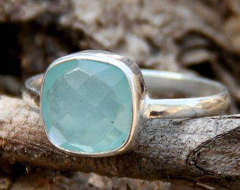 Aqua Chalcedony Ring,Blue Chalcedony Ring,Blue Gemstone Ring,Sterling Silver Ring With Cushion Aqua Chalcedony Gemstone,Gift For Her