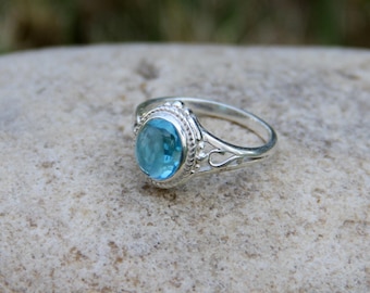 Blue Topaz Ring,Blue Topaz Quartz Gemstone Ring,Sterling Silver Ring With Blue Quartz Gemstone Gift For Her Handmade Silver Jewellery