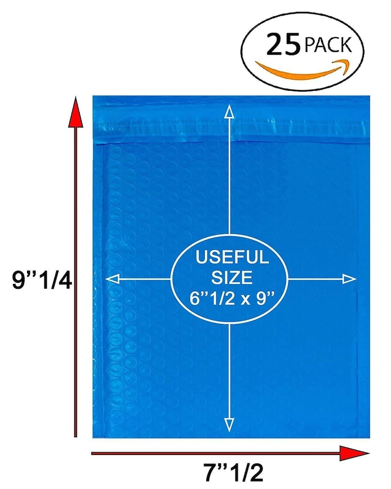 Blue Poly Bubble mailers 6.5 x 9 Padded envelopes 6 12 x 9 Exterior Size 7.5 x 9. Pack of 25 Poly Cushion envelopes