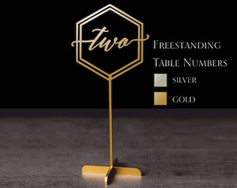 Hexagon Wedding Table Numbers, Freestanding Gold Reception Decor Signs
