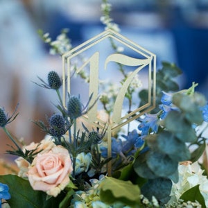 Table Numbers Hexagon table numbers Wedding Table Numbers Gold table numbers Table decoration Numbers with base Wood table numbers