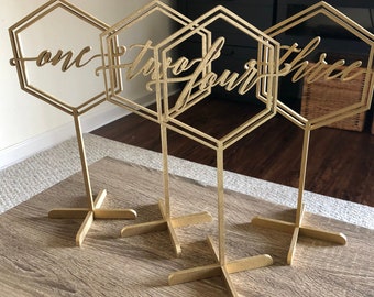 Table Numbers .Hexagon table numbers. Wedding Table Numbers .Gold table numbers. Table decoration. Numbers with base.Wood table numbers