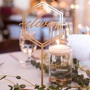 Table Numbers .Hexagon table numbers.Wedding Table Numbers.Gold table numbers.Table decoration. Numbers with base.Wood table numbers