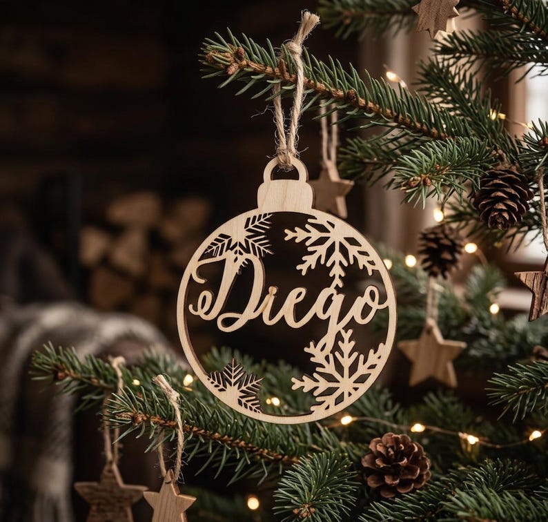 May include: A circular light-colored wooden Christmas ornament featuring the name Diego in a cursive script, surrounded by intricate laser-cut snowflake patterns. The ornament hangs from a natural jute twine loop on a green pine tree branch.